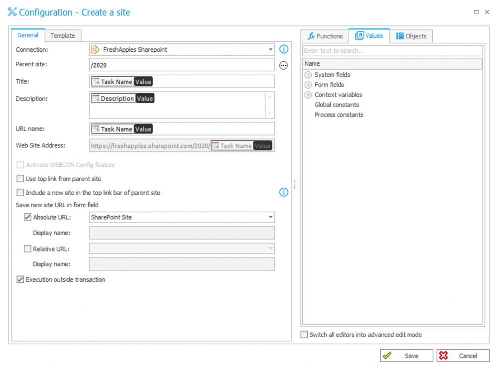 The image shows action configuration for “Create a site”